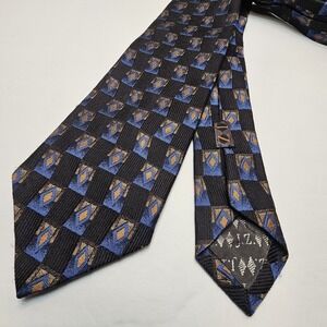 JZ Richards Double Black Neck Tie Gold Blue Geometric Handmade Silk Made USA